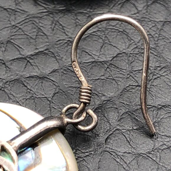 925 Sterling Silver Abalone Earrings Iridescent Shell Asian Coin Dangles - Picture 4 of 6